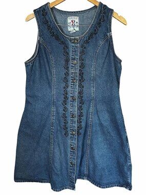 VTG 90s Studio Wear Denim Dress Embroidered Jumper Button Front Sleeveless XL